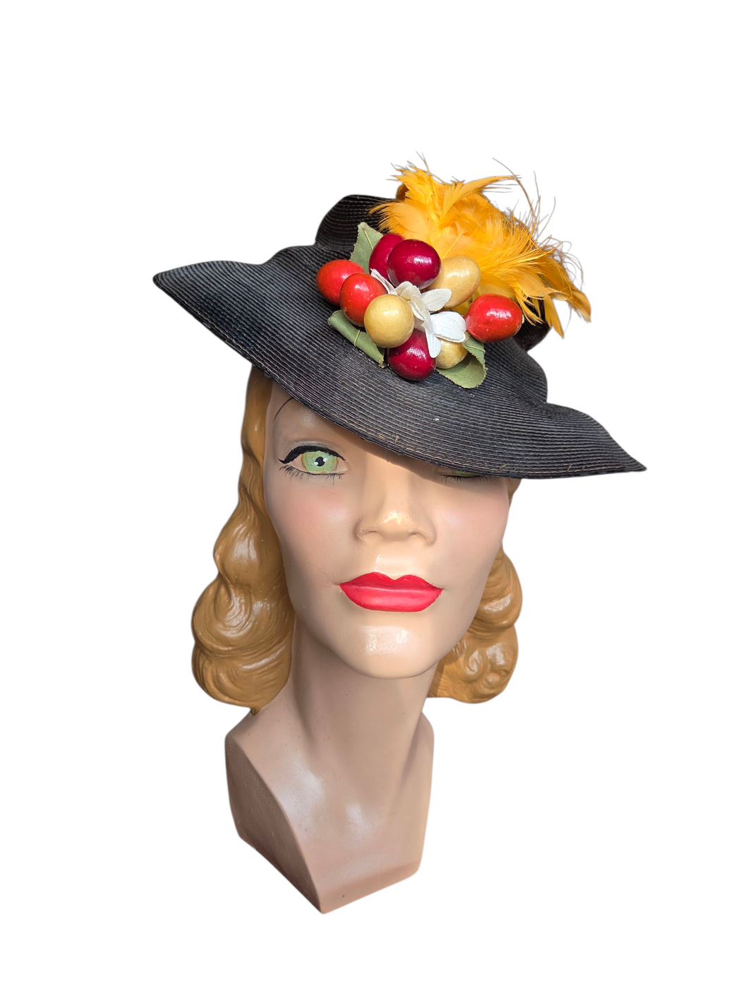 1930s Black Straw Yellow Feather Fruit Hat