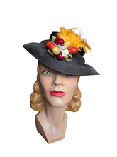 Load image into Gallery viewer, 1930s Black Straw Yellow Feather Fruit Hat
