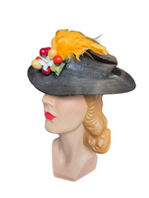 Load image into Gallery viewer, 1930s Black Straw Yellow Feather Fruit Hat
