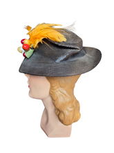 Load image into Gallery viewer, 1930s Black Straw Yellow Feather Fruit Hat
