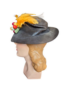 1930s Black Straw Yellow Feather Fruit Hat