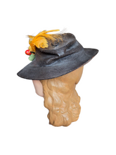 Load image into Gallery viewer, 1930s Black Straw Yellow Feather Fruit Hat

