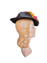 Load image into Gallery viewer, 1930s Black Straw Yellow Feather Fruit Hat
