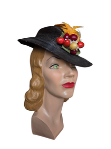 1930s Black Straw Yellow Feather Fruit Hat
