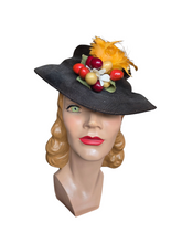 Load image into Gallery viewer, 1930s Black Straw Yellow Feather Fruit Hat
