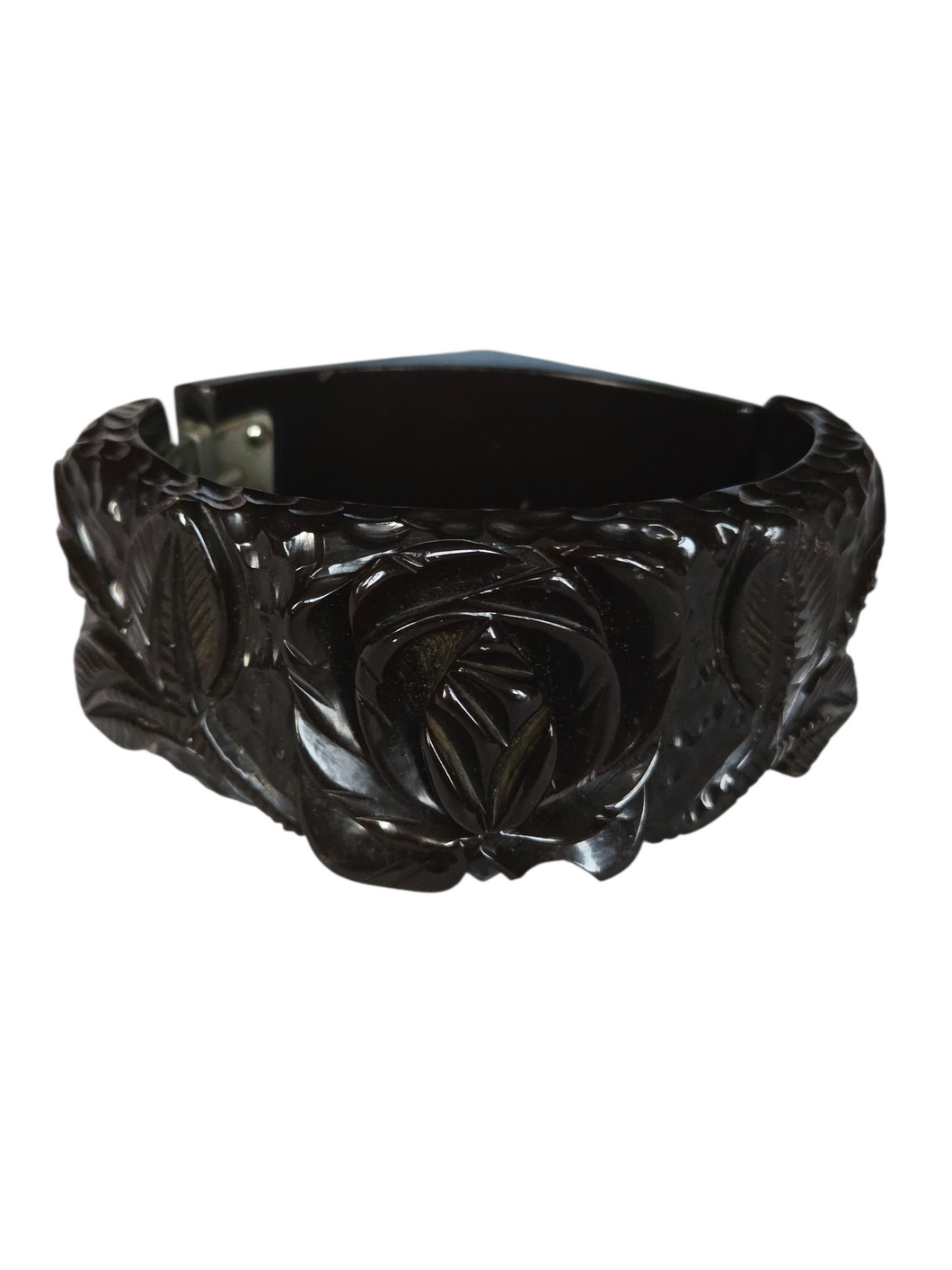 1930s Rare Chunky Dark Green Carved Rose Bakelite Clamper Bangle