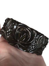 Load image into Gallery viewer, 1930s Rare Chunky Dark Green Carved Rose Bakelite Clamper Bangle
