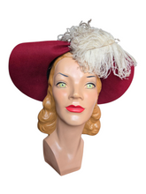 Load image into Gallery viewer, 1940s Dark Raspberry Red Felt Halo Hat With Huge Ostrich Feather
