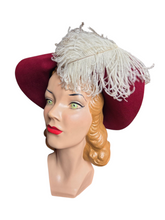 Load image into Gallery viewer, 1940s Dark Raspberry Red Felt Halo Hat With Huge Ostrich Feather
