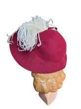 Load image into Gallery viewer, 1940s Dark Raspberry Red Felt Halo Hat With Huge Ostrich Feather
