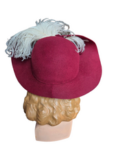 Load image into Gallery viewer, 1940s Dark Raspberry Red Felt Halo Hat With Huge Ostrich Feather
