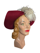 Load image into Gallery viewer, 1940s Dark Raspberry Red Felt Halo Hat With Huge Ostrich Feather
