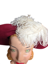 Load image into Gallery viewer, 1940s Dark Raspberry Red Felt Halo Hat With Huge Ostrich Feather
