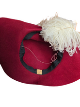 Load image into Gallery viewer, 1940s Dark Raspberry Red Felt Halo Hat With Huge Ostrich Feather
