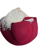 Load image into Gallery viewer, 1940s Dark Raspberry Red Felt Halo Hat With Huge Ostrich Feather
