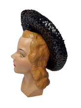 Load image into Gallery viewer, 1940s Black Sequin And Net Halo/Tilt Hat

