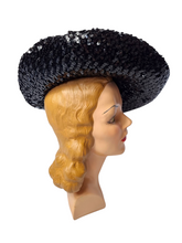 Load image into Gallery viewer, 1940s Black Sequin And Net Halo/Tilt Hat

