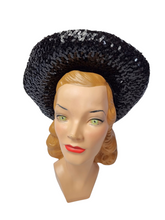 Load image into Gallery viewer, 1940s Black Sequin And Net Halo/Tilt Hat
