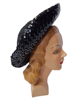 Load image into Gallery viewer, 1940s Black Sequin And Net Halo/Tilt Hat
