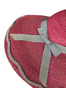 1940s Dark Dusky Pink and Duck Egg Blue Huge Fedora Straw/Raffia Hat