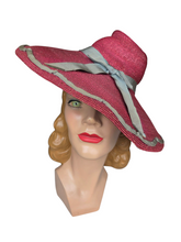 Load image into Gallery viewer, 1940s Dark Dusky Pink and Duck Egg Blue Huge Fedora Straw/Raffia Hat
