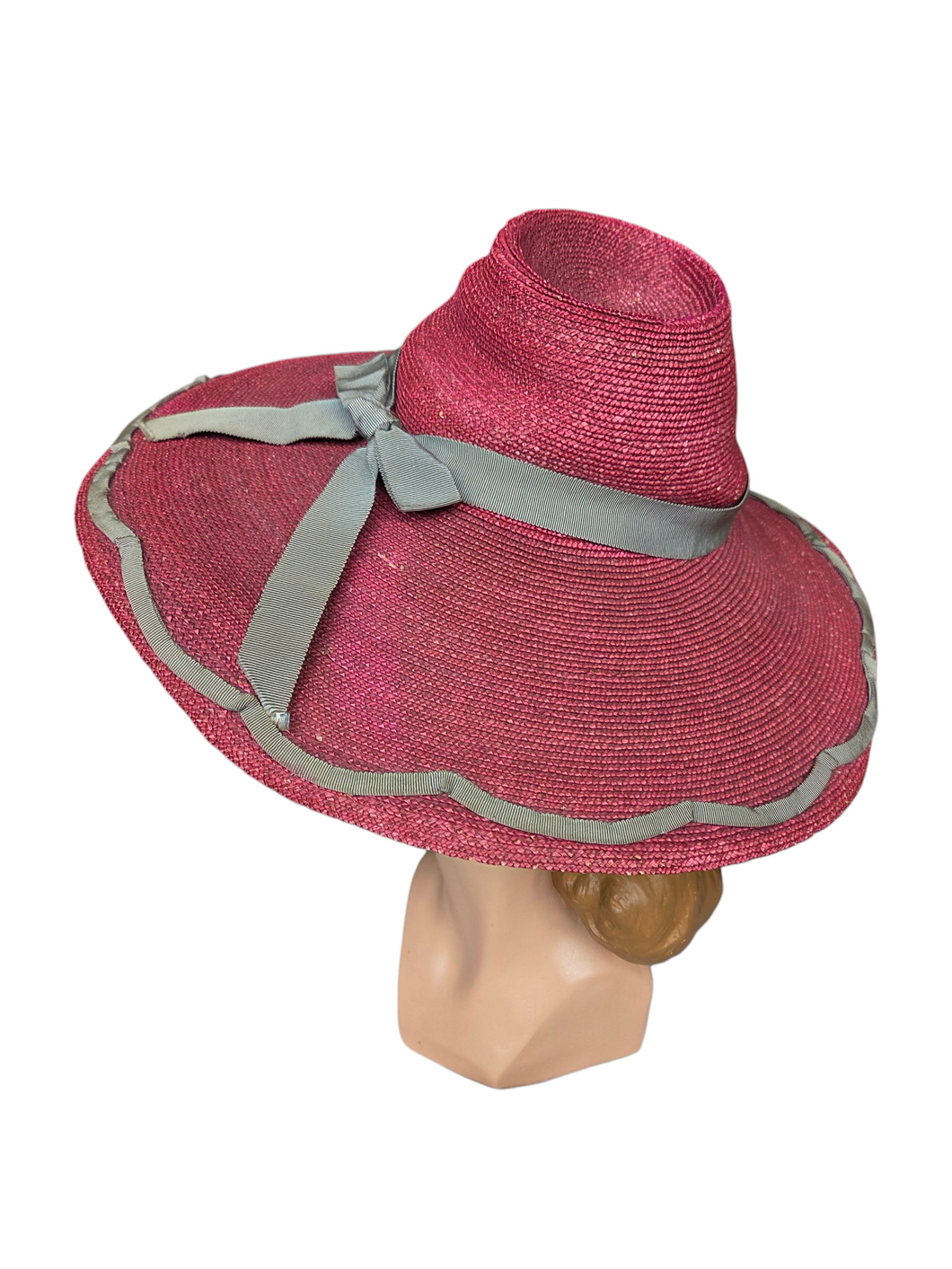 1940s Dark Dusky Pink and Duck Egg Blue Huge Fedora Straw/Raffia Hat