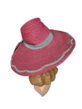 Load image into Gallery viewer, 1940s Dark Dusky Pink and Duck Egg Blue Huge Fedora Straw/Raffia Hat
