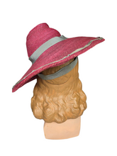 Load image into Gallery viewer, 1940s Dark Dusky Pink and Duck Egg Blue Huge Fedora Straw/Raffia Hat
