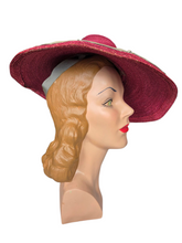 Load image into Gallery viewer, 1940s Dark Dusky Pink and Duck Egg Blue Huge Fedora Straw/Raffia Hat
