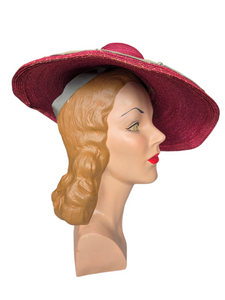 1940s Dark Dusky Pink and Duck Egg Blue Huge Fedora Straw/Raffia Hat