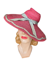 Load image into Gallery viewer, 1940s Dark Dusky Pink and Duck Egg Blue Huge Fedora Straw/Raffia Hat
