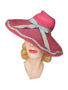 1940s Dark Dusky Pink and Duck Egg Blue Huge Fedora Straw/Raffia Hat