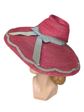 Load image into Gallery viewer, 1940s Dark Dusky Pink and Duck Egg Blue Huge Fedora Straw/Raffia Hat

