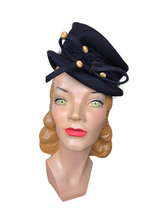 Load image into Gallery viewer, 1940s Navy Blue Felt Topper Hat With Raffia Pieces
