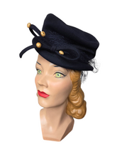 Load image into Gallery viewer, 1940s Navy Blue Felt Topper Hat With Raffia Pieces
