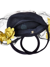 Load image into Gallery viewer, 1940s Navy Blue Felt Hat With Yellow Flowers and Netting
