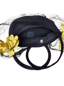 1940s Navy Blue Felt Hat With Yellow Flowers and Netting