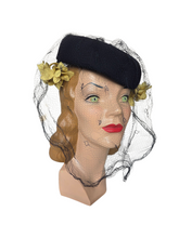Load image into Gallery viewer, 1940s Navy Blue Felt Hat With Yellow Flowers and Netting
