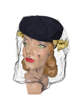 Load image into Gallery viewer, 1940s Navy Blue Felt Hat With Yellow Flowers and Netting
