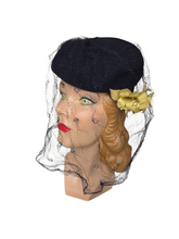 Load image into Gallery viewer, 1940s Navy Blue Felt Hat With Yellow Flowers and Netting
