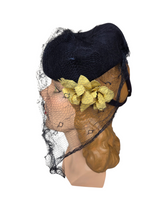 Load image into Gallery viewer, 1940s Navy Blue Felt Hat With Yellow Flowers and Netting
