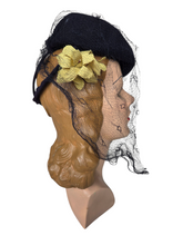 Load image into Gallery viewer, 1940s Navy Blue Felt Hat With Yellow Flowers and Netting
