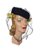 Load image into Gallery viewer, 1940s Navy Blue Felt Hat With Yellow Flowers and Netting
