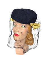 Load image into Gallery viewer, 1940s Navy Blue Felt Hat With Yellow Flowers and Netting
