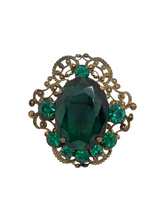 Load image into Gallery viewer, 1930s Czech Chunky Green Glass Filigree Brooch
