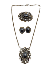 Load image into Gallery viewer, 1930s Czech Black Filigree Earrings, Brooch and Necklace Set
