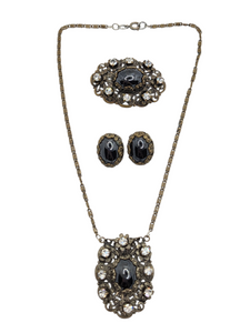1930s Czech Black Filigree Earrings, Brooch and Necklace Set