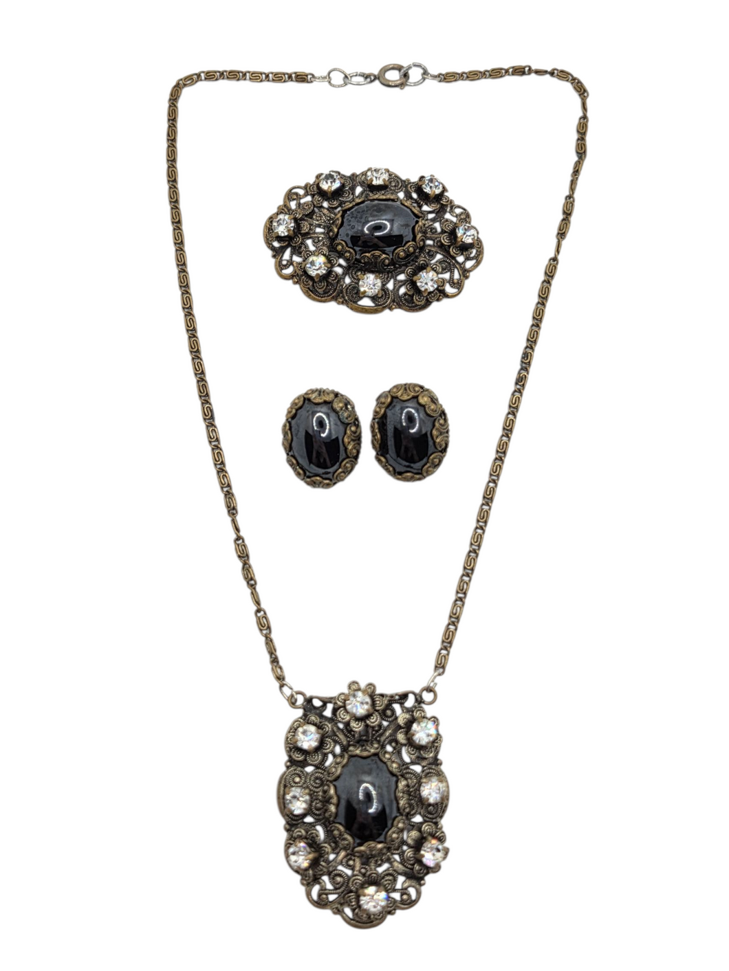 1930s Czech Black Filigree Earrings, Brooch and Necklace Set