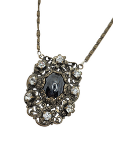 1930s Czech Black Filigree Earrings, Brooch and Necklace Set