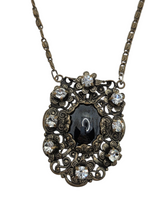Load image into Gallery viewer, 1930s Czech Black Filigree Earrings, Brooch and Necklace Set
